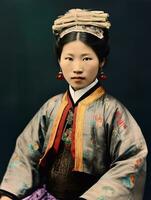 vieux coloré photo de une asiatique femme de le de bonne heure années 1900 ai génératif