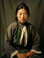 vieux coloré photo de une asiatique femme de le de bonne heure années 1900 ai génératif