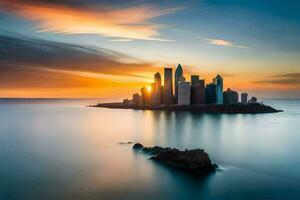 le ville de Dubai est vu dans le distance à le coucher du soleil. généré par ai photo