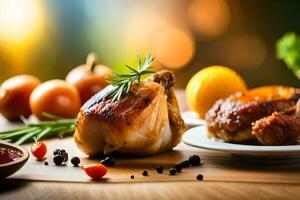 une assiette de poulet et des légumes sur une tableau. généré par ai photo