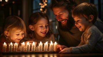 content famille éclairage menorah avec souriant visages photo