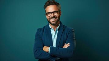 une positif Jeune homme avec une barbe, portant une décontractée chandail et des lunettes photo