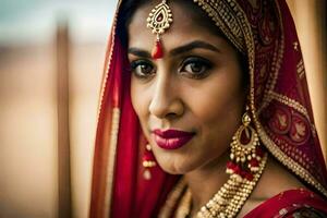 une magnifique Indien la mariée dans rouge. généré par ai photo