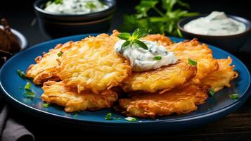 latkes avec acide crème et Compote de pommes sur bleu assiette photo