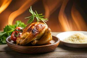 une poulet est servi sur une assiette avec une côté de Pâtes. généré par ai photo