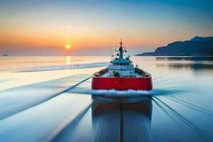 une rouge bateau en voyageant par le l'eau à le coucher du soleil. généré par ai photo