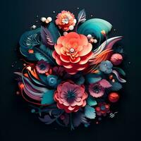 une coloré floral arrangement sur une noir Contexte ai génératif photo