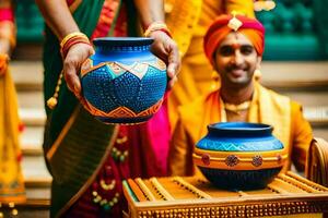 une homme et femme dans Indien tenue en portant une pot. généré par ai photo