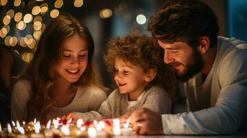 content famille éclairage menorah avec souriant visages photo