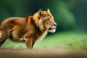 une Lion est permanent dans le herbe. généré par ai photo