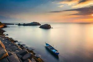 une bateau est assis sur le rive à le coucher du soleil. généré par ai photo