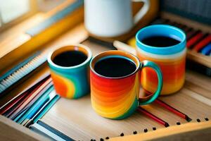 deux café tasses avec noir et rouge café sur une tableau. généré par ai photo