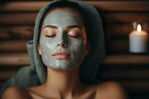 une femme avoir une faciale masque traitement à une beauté salon photo