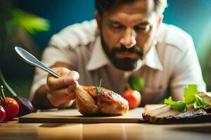 une homme est en mangeant une pièce de Viande avec une couteau. généré par ai photo