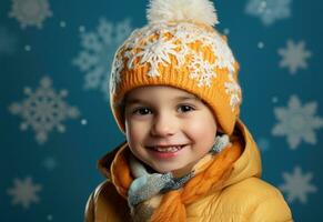 une peu garçon portant un Orange chapeau dans de face de bleu Contexte fabrication flocons de neige photo