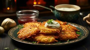 latkes avec acide crème et Compote de pommes sur bleu assiette photo