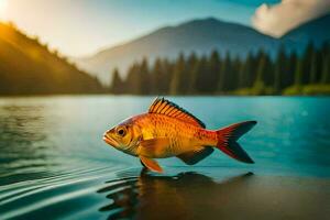 une poisson est permanent sur le bord de une lac. généré par ai photo