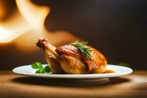 une poulet sur une assiette avec une brin de Romarin. généré par ai photo