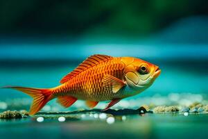 une poisson est permanent sur le l'eau avec certains rochers. généré par ai photo