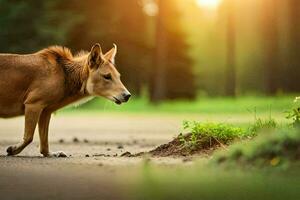 une cerf est en marchant sur le route dans le forêt. généré par ai photo