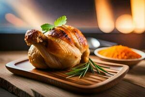 une poulet sur une en bois Coupe planche avec épices. généré par ai photo