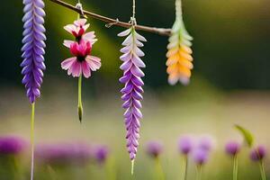 une groupe de coloré fleurs pendaison de une branche. généré par ai photo