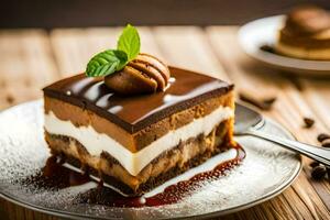 une pièce de Chocolat gâteau avec une Chocolat sauce. généré par ai photo