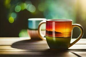 deux café tasses sur une table avec une le coucher du soleil dans le Contexte. généré par ai photo