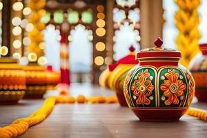 coloré des vases sur une en bois sol avec Jaune corde. généré par ai photo