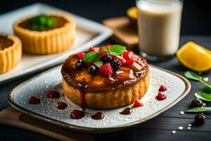 une dessert avec baies et sirop sur une plaque. généré par ai photo