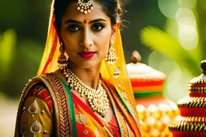 magnifique Indien la mariée dans traditionnel tenue. généré par ai photo