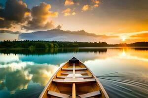 le bateau est sur le calme Lac à le coucher du soleil. généré par ai photo