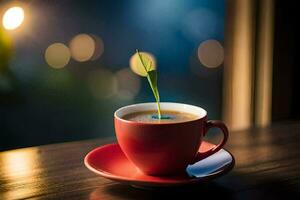 une tasse de café avec une plante dans le milieu. généré par ai photo