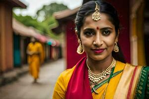 une femme dans une sari pose pour une photo. généré par ai photo