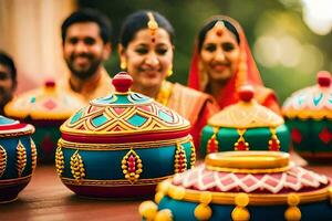 une groupe de gens dans traditionnel Indien Vêtements sont souriant. généré par ai photo