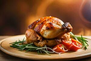 une poulet sur une assiette avec tomates et Romarin. généré par ai photo