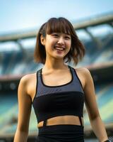 magnifique souriant asiatique fille athlète dans des sports arène ai génératif photo