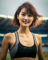 magnifique souriant asiatique fille athlète dans des sports arène ai génératif photo