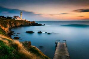 le phare à le coucher du soleil. généré par ai photo