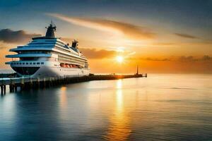 une croisière navire amarré à le jetée à le coucher du soleil. généré par ai photo