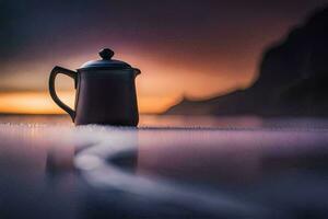 une café pot est assis sur le plage à le coucher du soleil. généré par ai photo