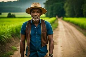 une homme dans une chapeau permanent dans une saleté route. généré par ai photo