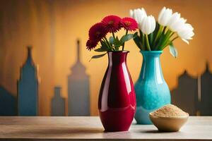 deux des vases avec fleurs et une bol de sable. généré par ai photo