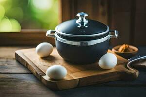 une noir pot avec des œufs sur une en bois Coupe planche. généré par ai photo