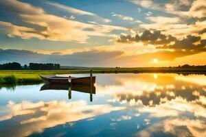 une bateau est séance sur le l'eau à le coucher du soleil. généré par ai photo