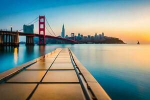 le d'or porte pont à le coucher du soleil. généré par ai photo