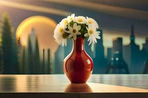 une vase avec fleurs sur une table dans de face de une ville ligne d'horizon. généré par ai photo