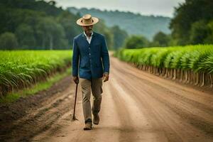 une homme dans une chapeau et costume en marchant vers le bas une saleté route. généré par ai photo