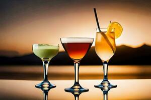Trois différent des cocktails sont montré sur une tableau. généré par ai photo