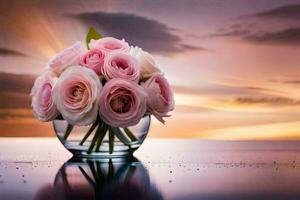 rose des roses dans une vase sur une table avec une le coucher du soleil. généré par ai photo